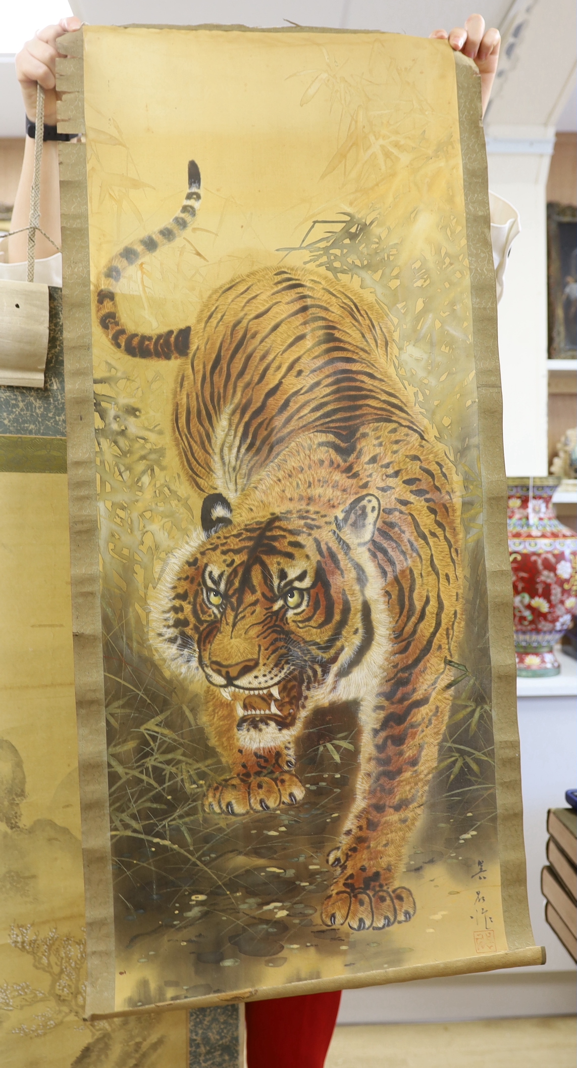 Two Oriental watercolour scrolls, tiger scroll 106cm